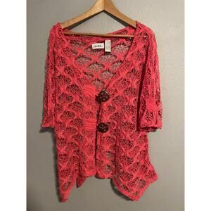 LeModa Kimono Top Womens Large Pink Crochet Button Front Sheer Boho Lagenlook